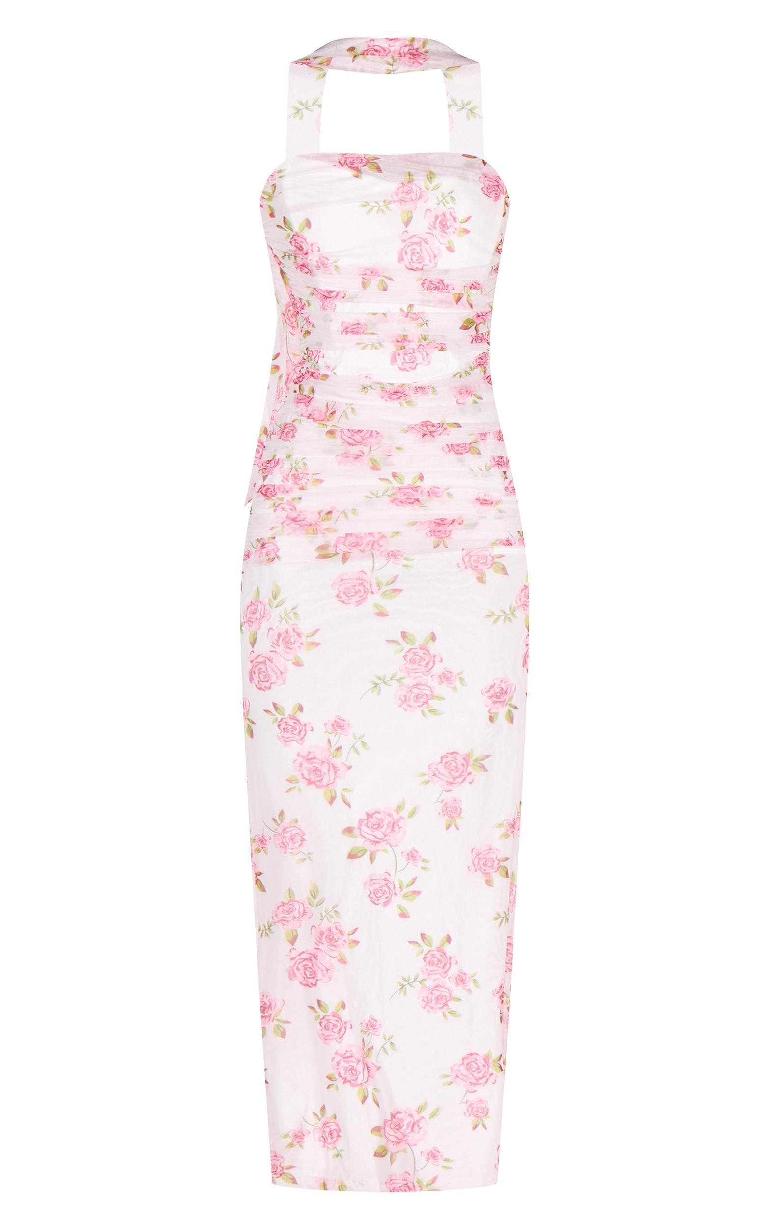 Pink Floral Scarf Detail Ruched Maxi Dress Product Image