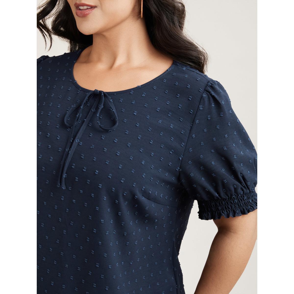 Plus Size Indigo Shirred Puff Sleeve Neck-Tie Shirt Women Resort Short sleeve Round Neck Vacation Blouses BloomChic 26/4X Product Image