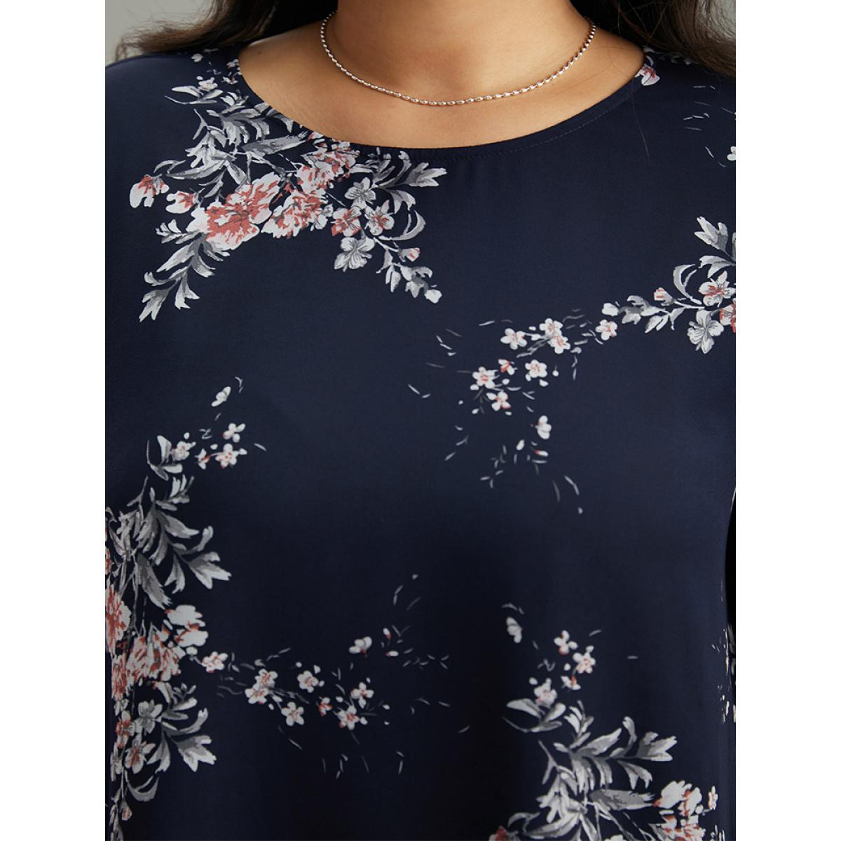 Plus Size Indigo Floral Chiffon Ruffle Sleeve Mesh Patchwork Blouse Women Elegant Elbow-length sleeve Round Neck Everyday Blouses BloomChic 22-24/3X Product Image