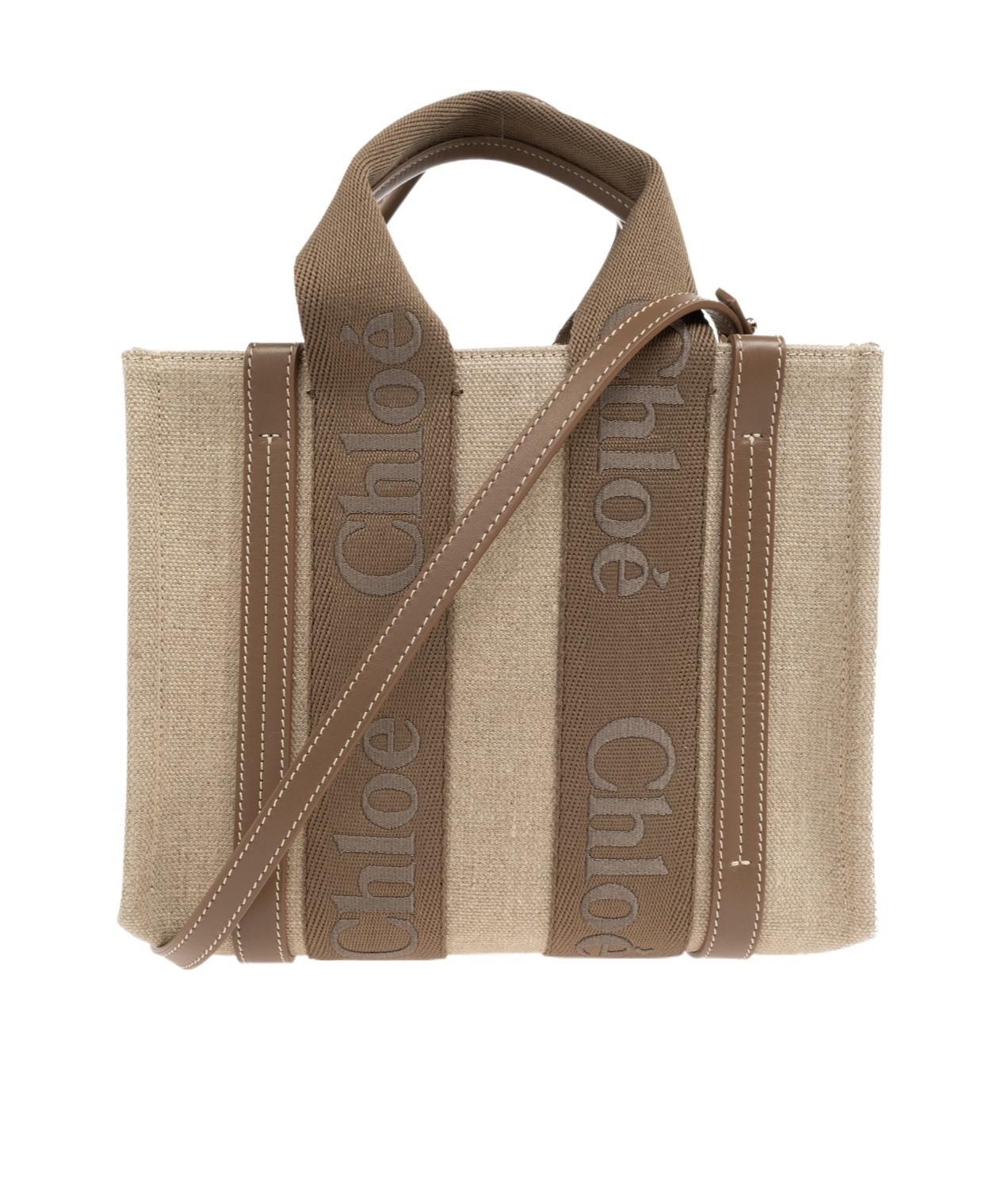 CHLOÉ Small Woody Linen Tote Bag In Beige Product Image