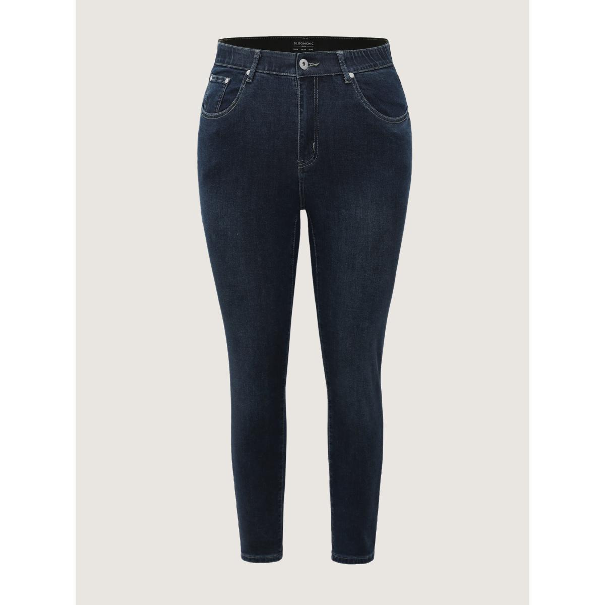 Plus Size Skinny Very Stretchy High Rise Dark Wash Gap Proof Jeans Women DarkBlue Casual Plain Non High stretch Slanted pocket Jeans BloomChic 22/3X Product Image
