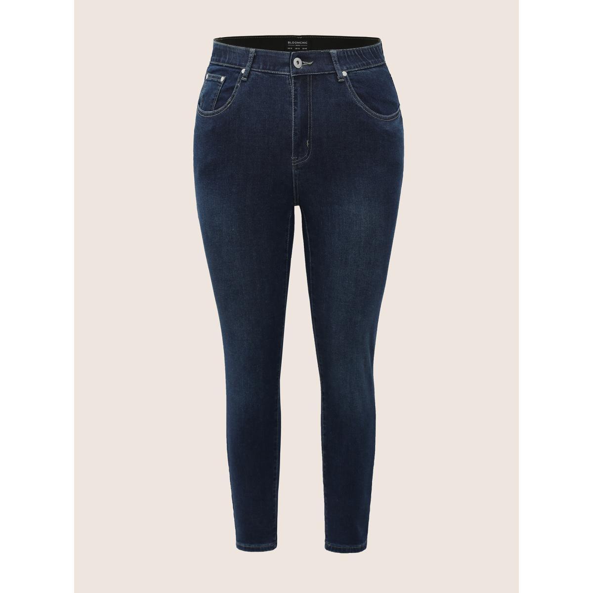 Plus Size Skinny Very Stretchy High Rise Dark Wash Gap Proof Jeans Women DarkBlue Casual Plain Non High stretch Slanted pocket Jeans BloomChic 22/3X Product Image