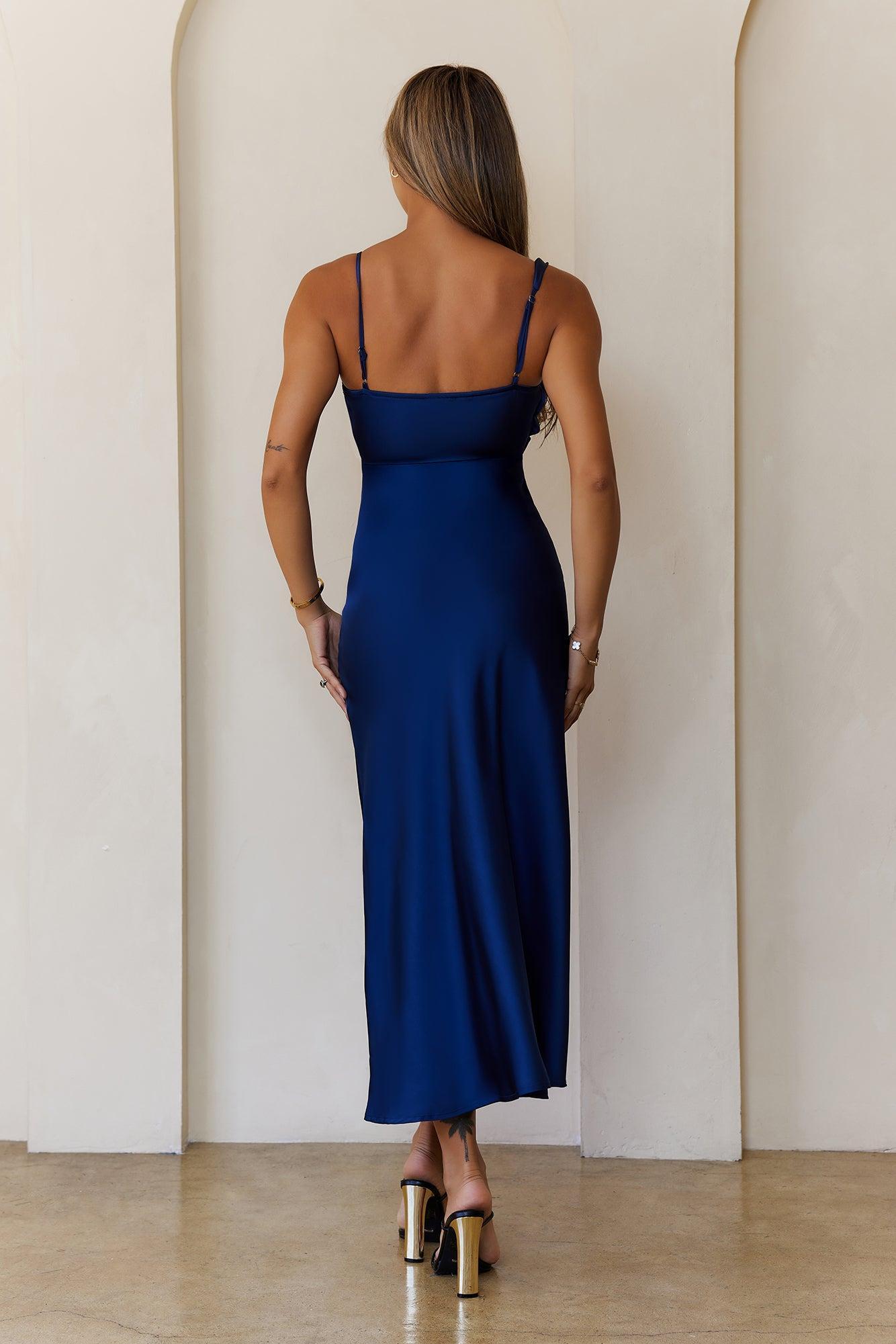 Pretty in Passion Satin Maxi Dress Navy Product Image