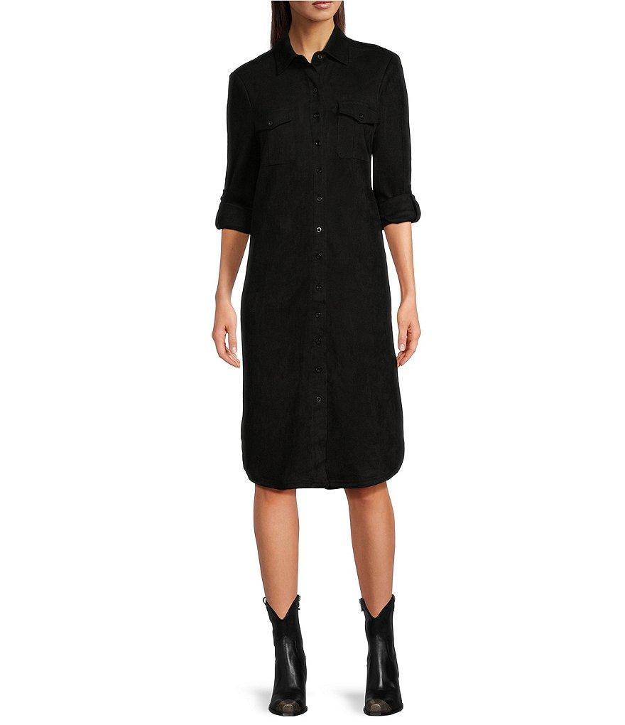 Reba Faux Suede Pointed Collar Western Style Button Down Shirttail Midi Dress Product Image