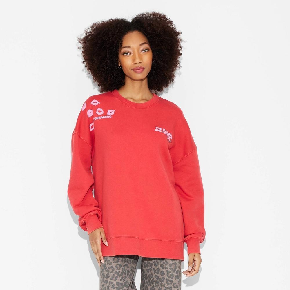 Women's Oversized Pullover Sweatshirt - Wild Fable™ Cherry Red XL: Heavyweight Fleece, Loose Fit, Crew Neck, Long Sleeve Product Image