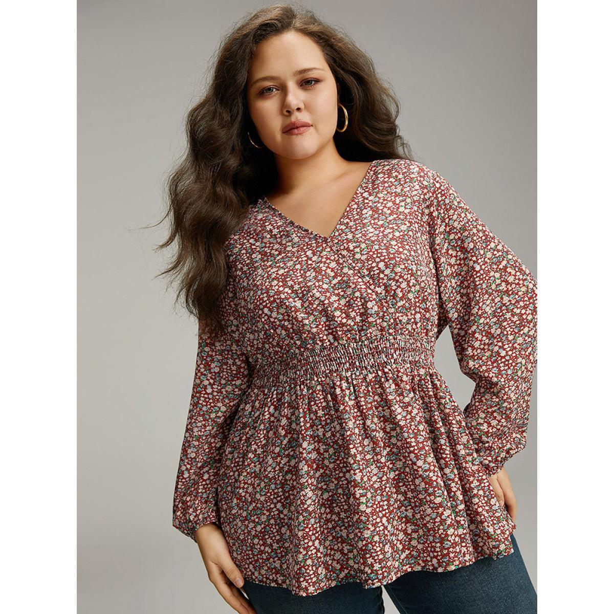 Plus Size Scarlet Ditsy Floral Lantern Sleeve Shirred Blouse Women Elegant Long Sleeve V-neck Dailywear Blouses BloomChic 28/5X Product Image
