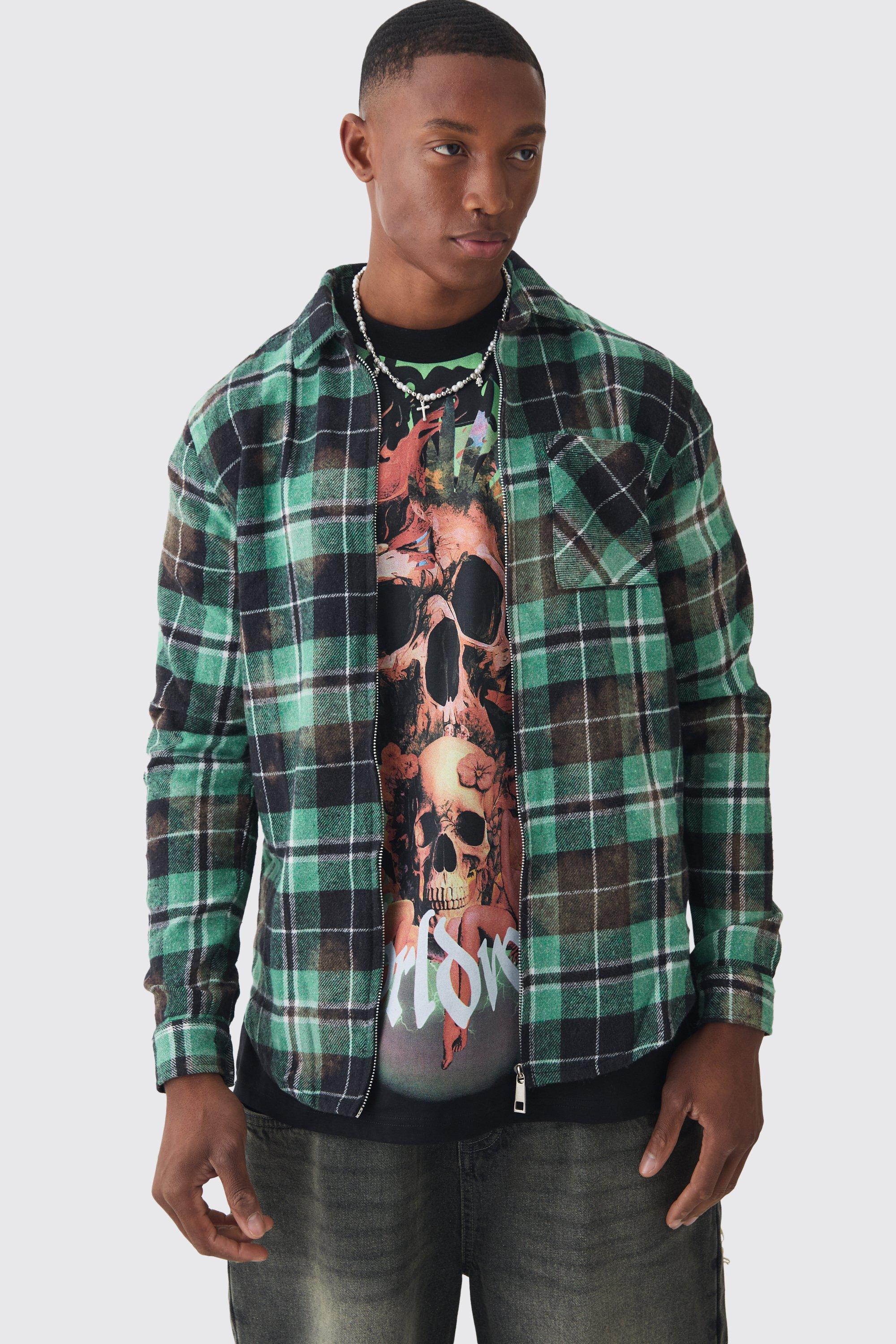 Zip Through Washed Plaid Shirt | boohooMAN USA Product Image