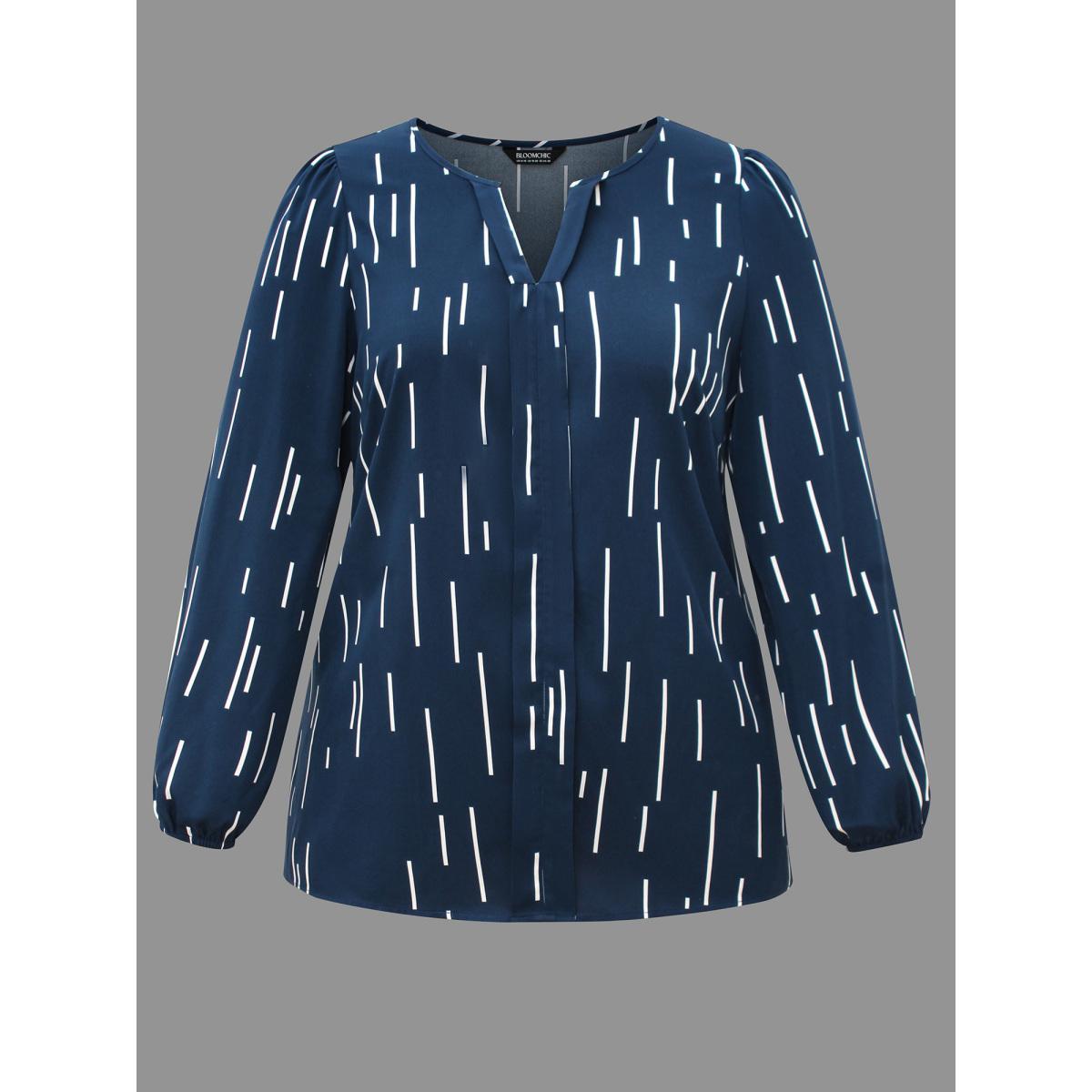 Plus Size Indigo Geometric Print Notched Collar Blouse Women At the Office Long Sleeve Notched collar Work Blouses BloomChic 18-20/2X Product Image