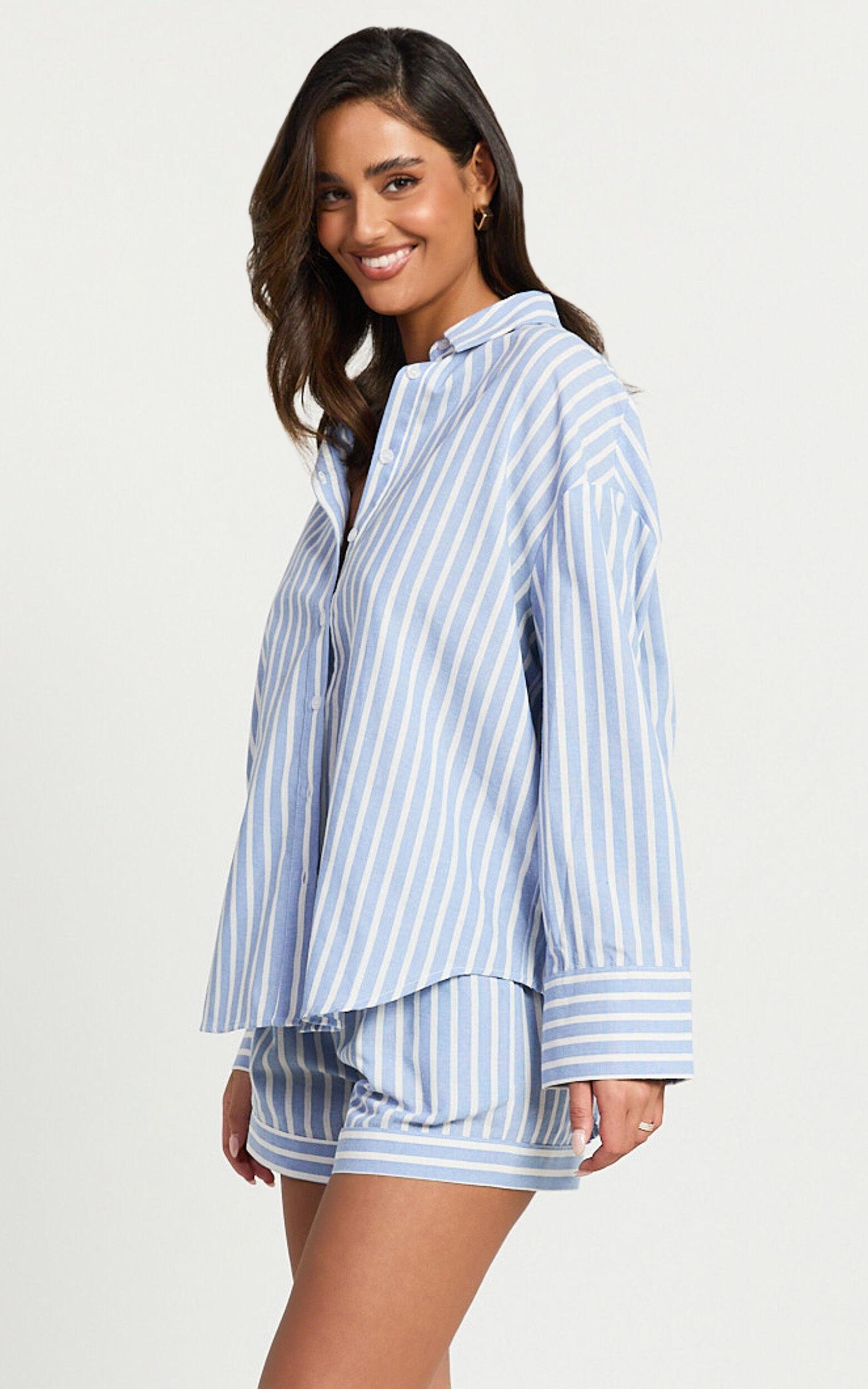 Tori Top - Oversized Button Down Stripe Shirt in Light Blue Stripe Product Image