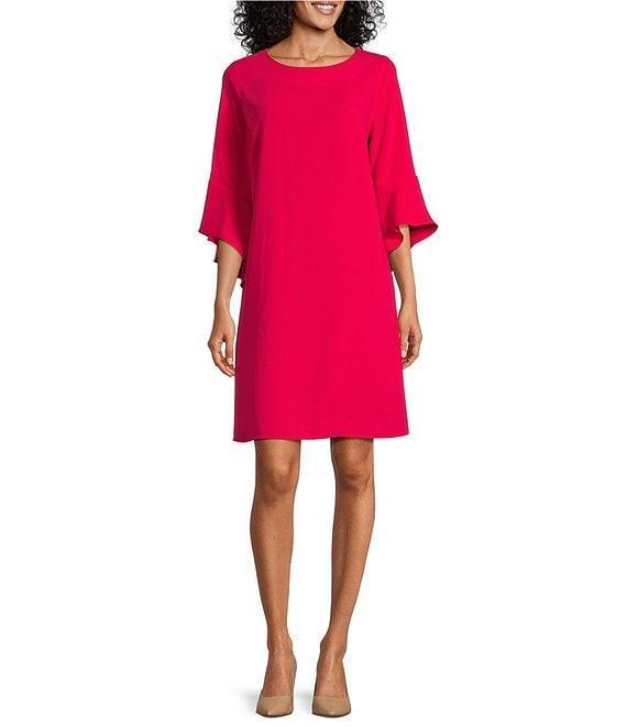 Caroline Rose Julia Matte Crepe 3/4 Ruffle Sleeve Shift Round Neck Shift Dress Product Image