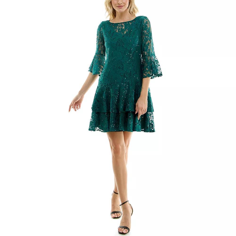 Women's Gabby Skye All Over Lace Bell Sleeve Mini Dress, Size: 4, Hunter Product Image
