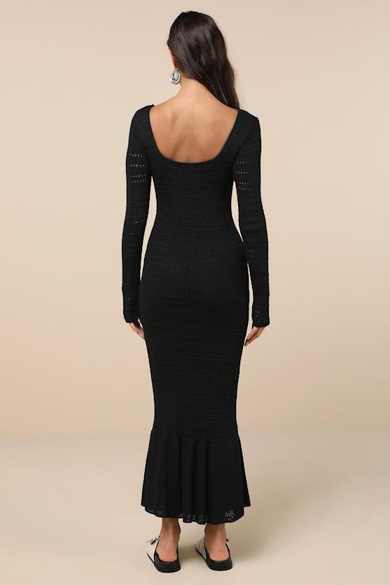 Sunset Moments Black Crochet Long Sleeve Trumpet Midi Dress Product Image