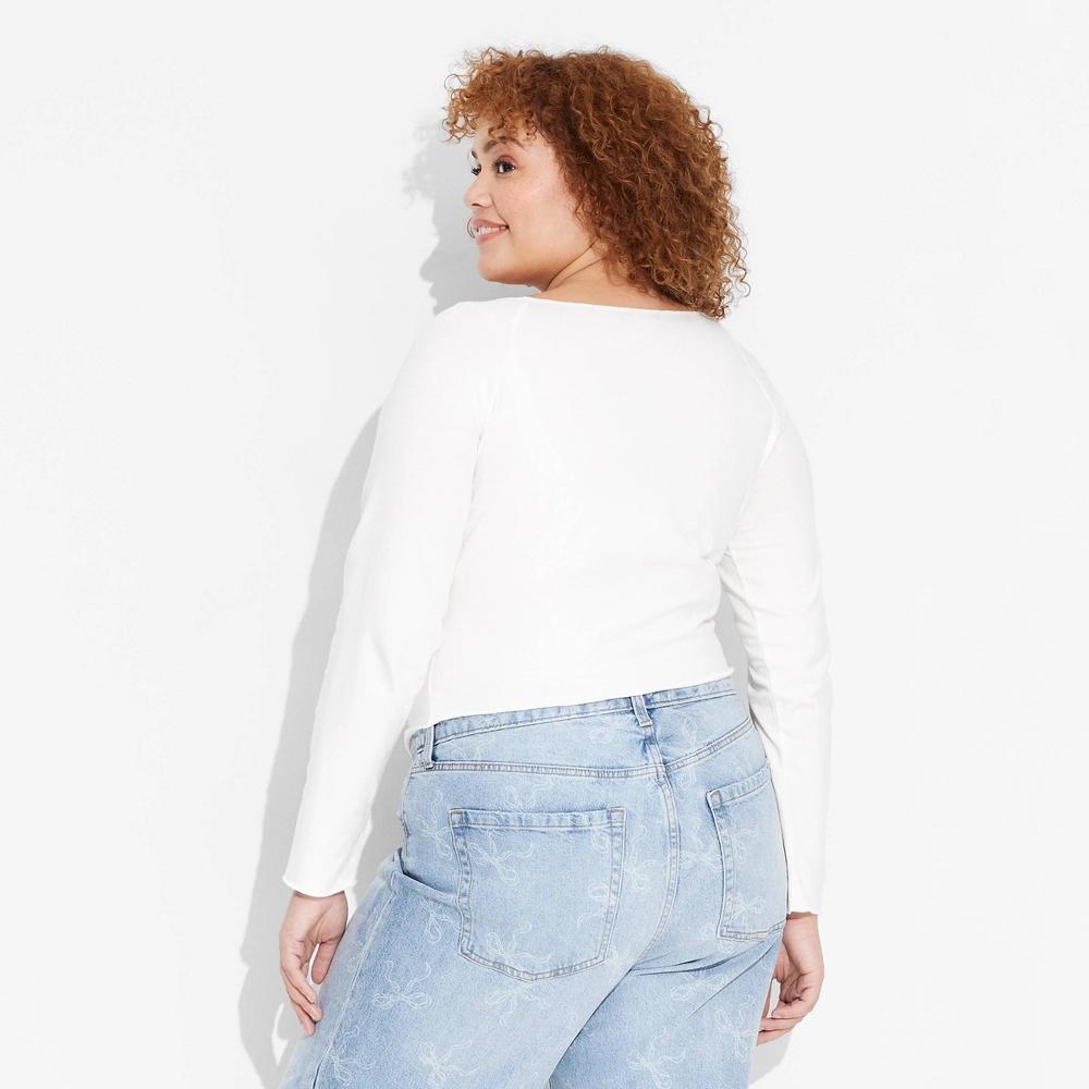 Women's Long Sleeve V-Neck T-Shirt - Wild Fable™ White XXL: Cotton Spandex Knit, Cropped Pullover Product Image