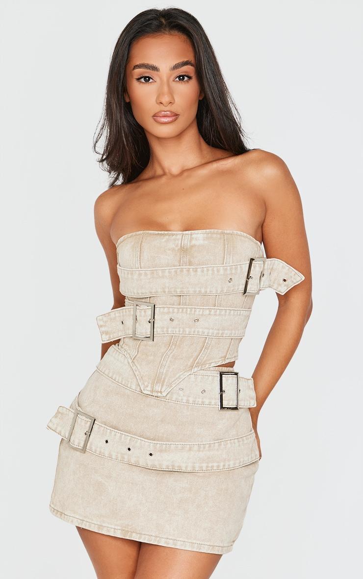 Petite Washed Stone Buckle Detail Denim Mini Skirt Product Image