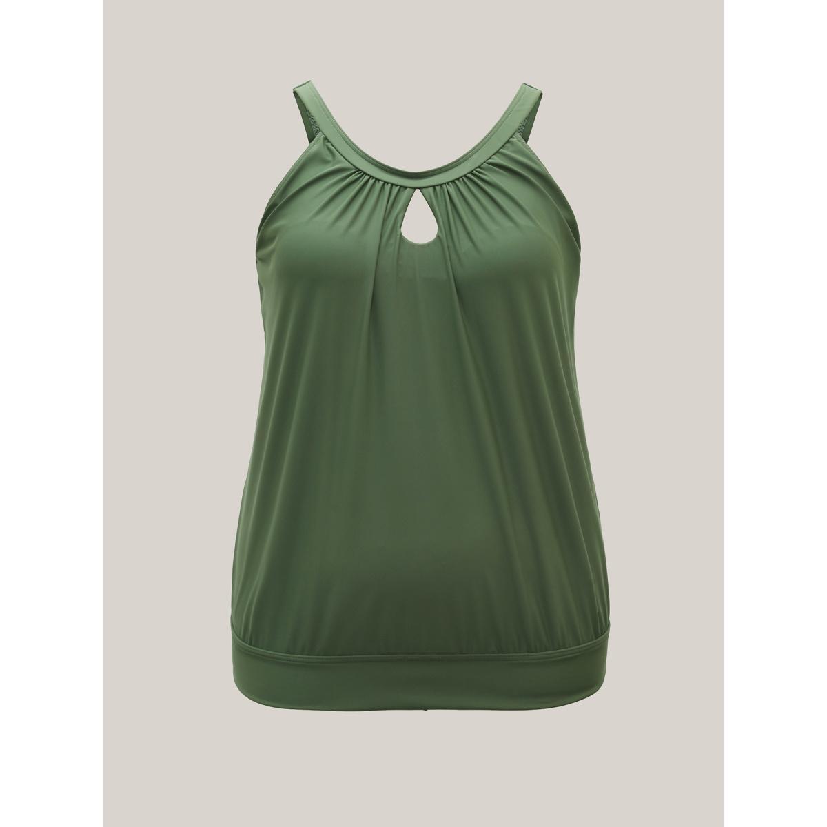 Plus Size Pleated Non-Removable Cups Swim Top Women's Swimwear ArmyGreen Beach Gathered High stretch Bodycon U-neck Curve Swim Tops BloomChic 14-16/1X Product Image