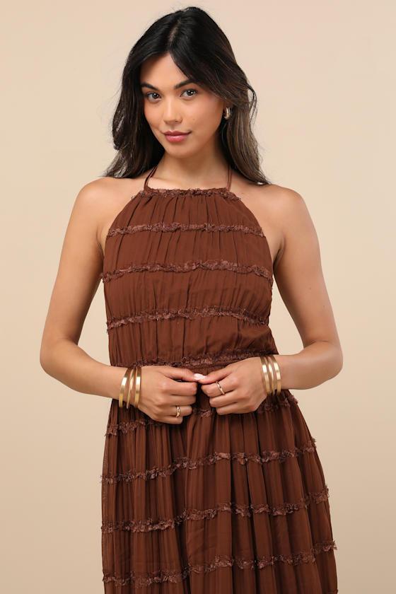Madriana Brown Halter Neck Ruffed Midi Dress Product Image