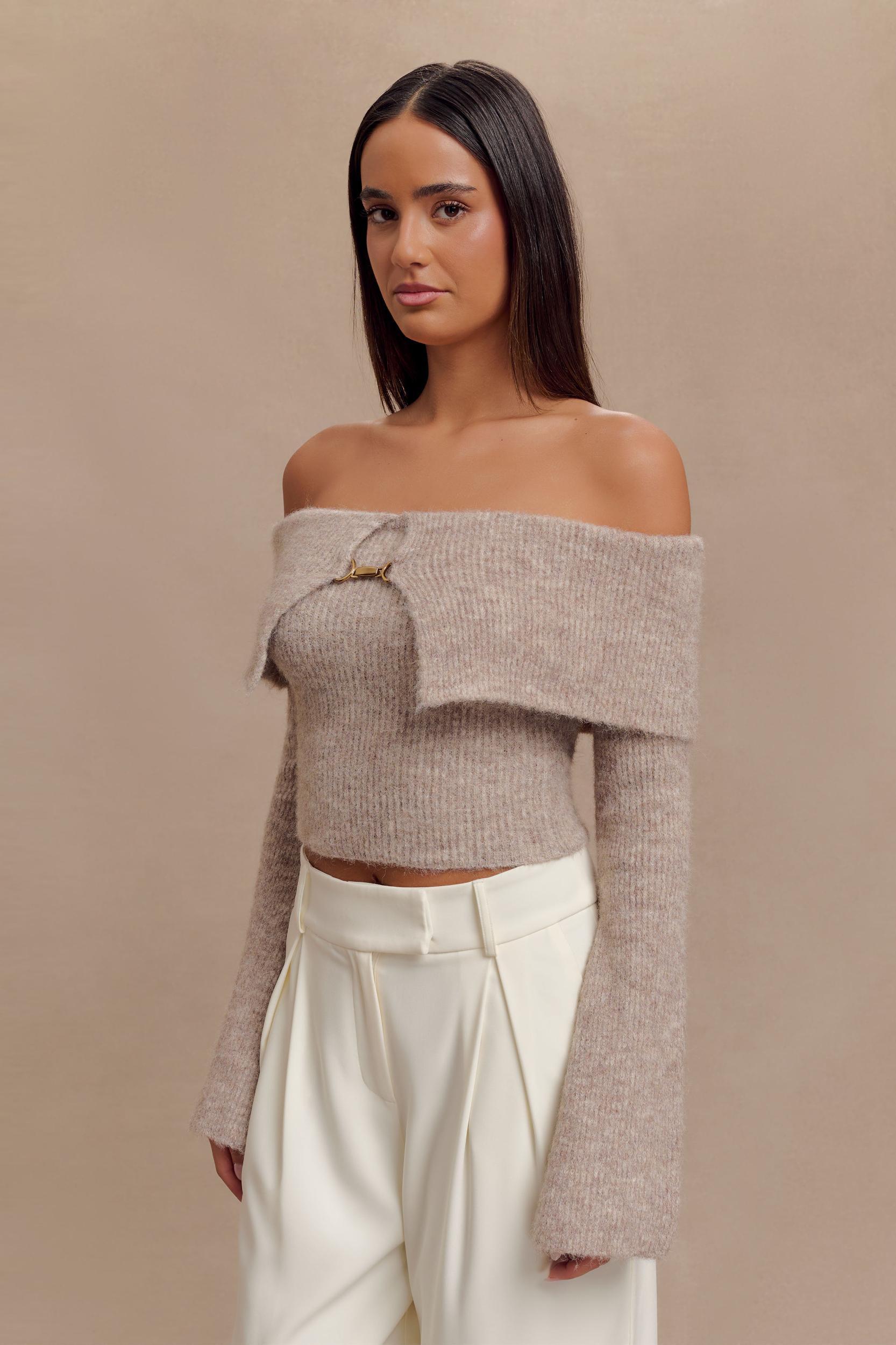 Baxter Off Shoulder Fluffy Knit Top - Taupe Product Image