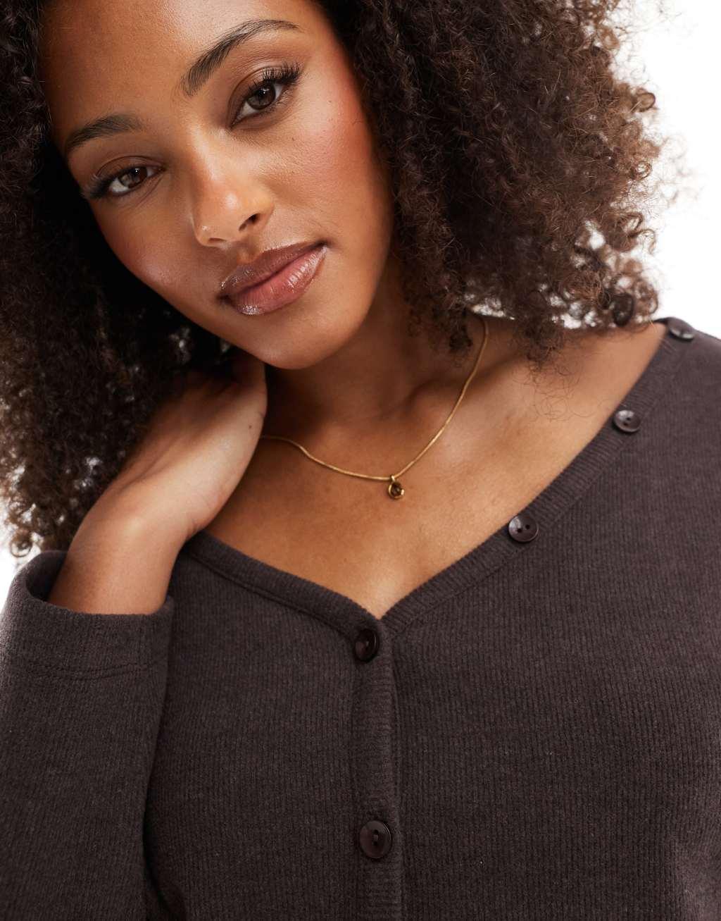 ASOS DESIGN super soft brushed batwing button through in chocolate Product Image