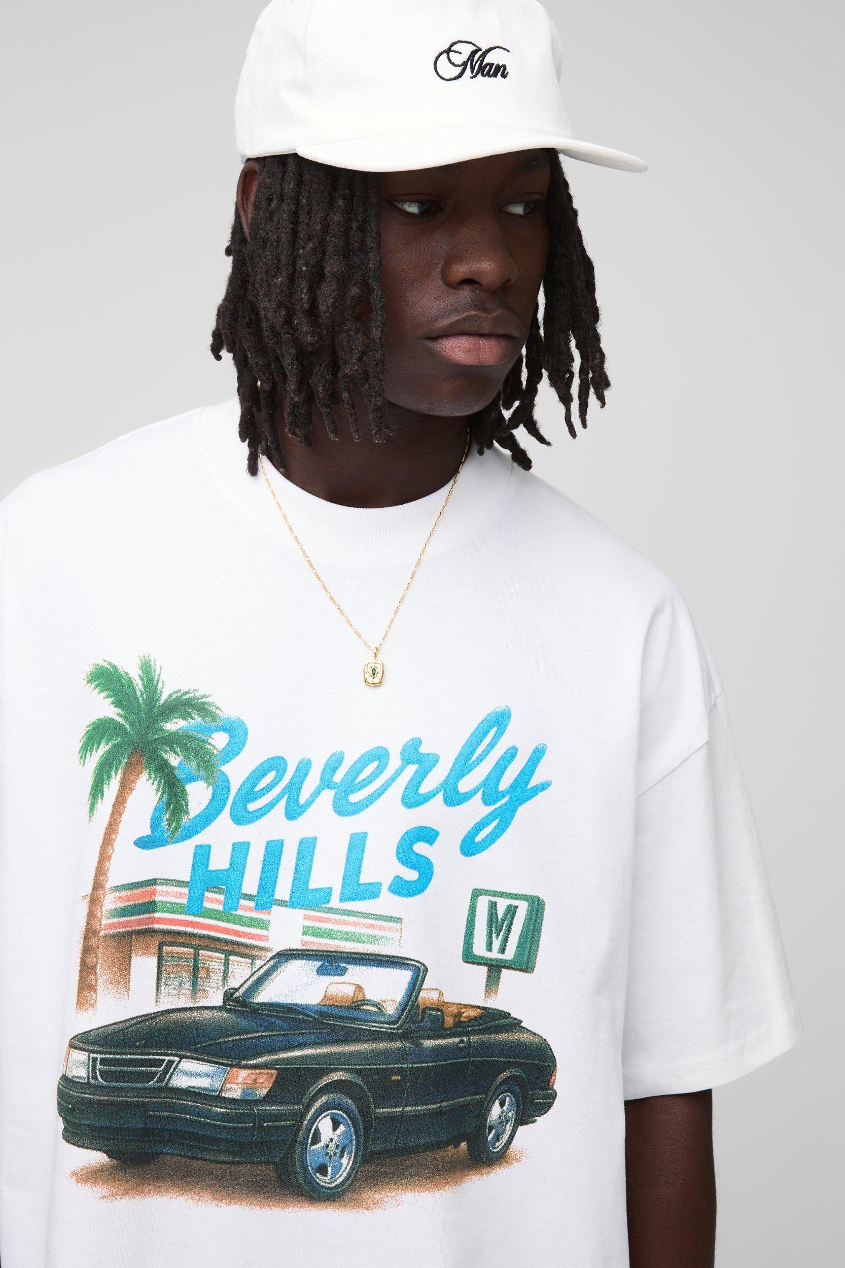 White Oversized Extended Neck Beverly Hills Palm T-Shirt | boohooMAN USA Product Image