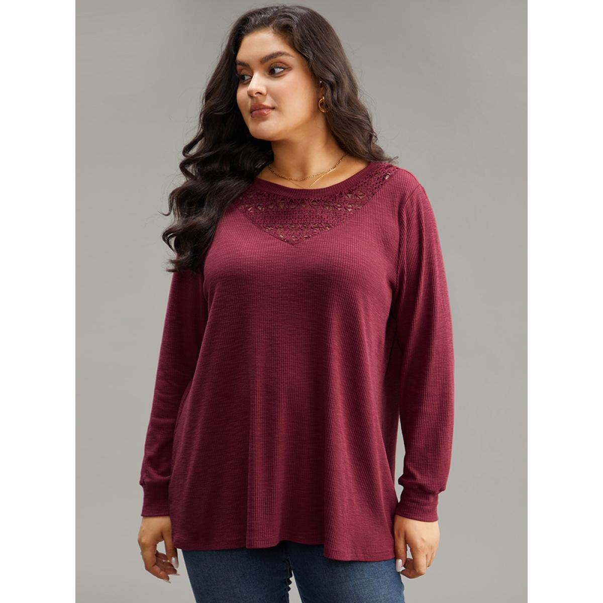 Plus Size Solid Lace Insert Crew Neck Cut Out T-shirt Burgundy Women Elegant Patchwork Plain Round Neck Dailywear T-shirts BloomChic 22-24/3X Product Image