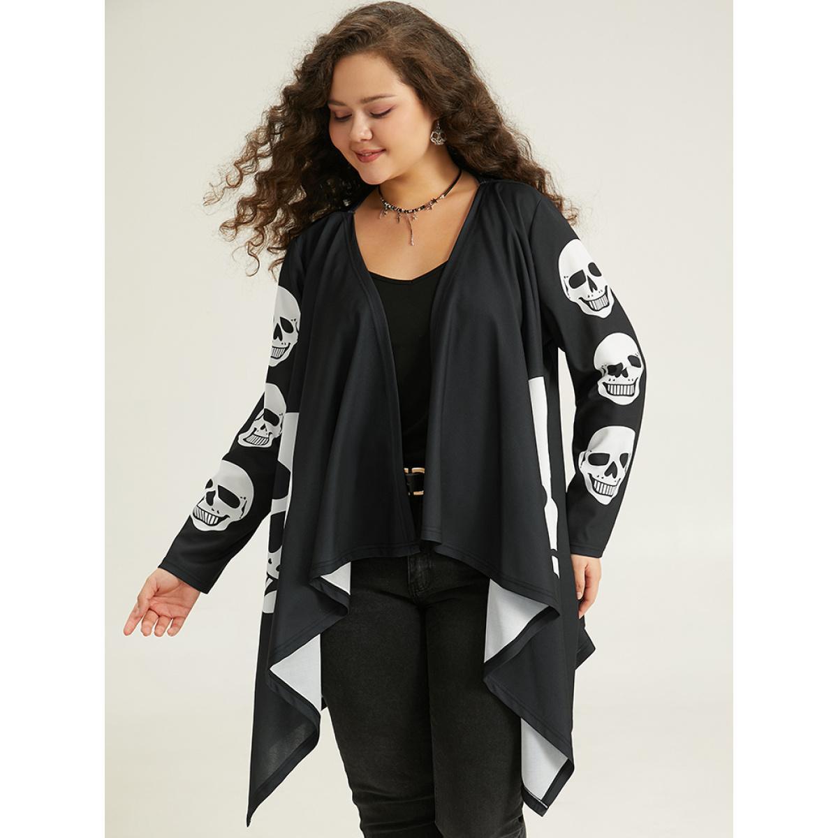 Plus Size Halloween Skull Print Asymmetrical Hem Drape Kimono Women Black Casual Drape Loose Dailywear Kimonos BloomChic 22-24/3X Product Image
