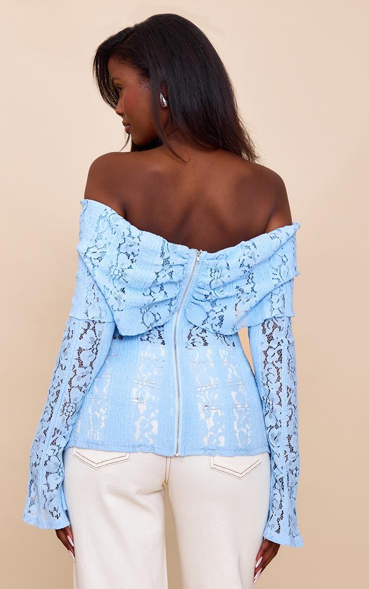 Sky Blue Fitted Lace Flared Sleeve Bardot Top Product Image