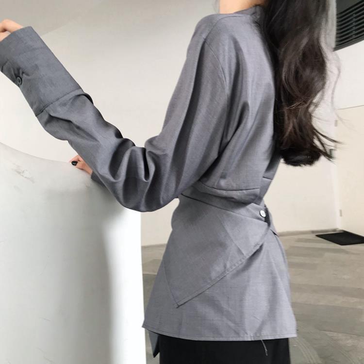 Long-Sleeve Band Collar Plain Wrap Button Shirt Product Image