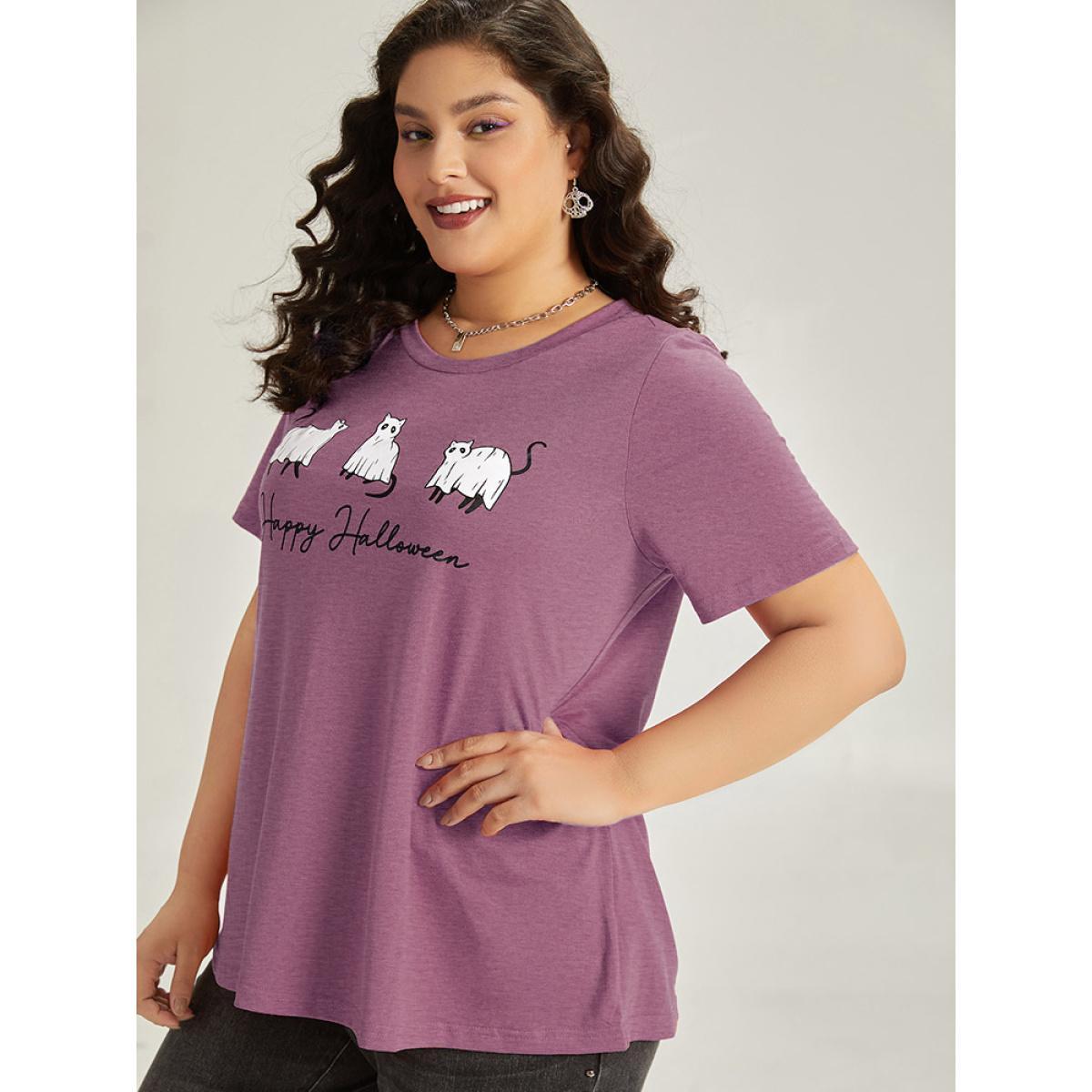 Plus Size Halloween Letter & Animals Crew Neck T-shirt DustyPink Women Casual Printed Halloween Festival-Halloween T-shirts BloomChic 30/6X Product Image