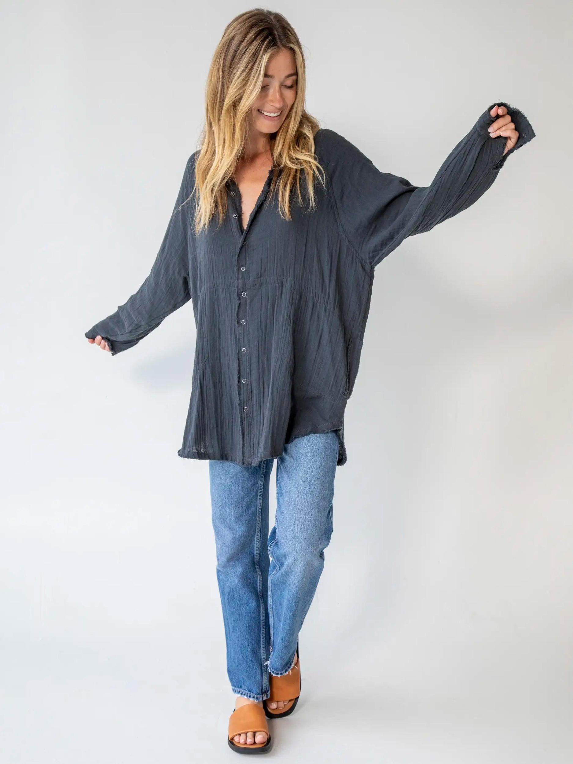 Laid Back Cotton Button Down Top - Charcoal Product Image