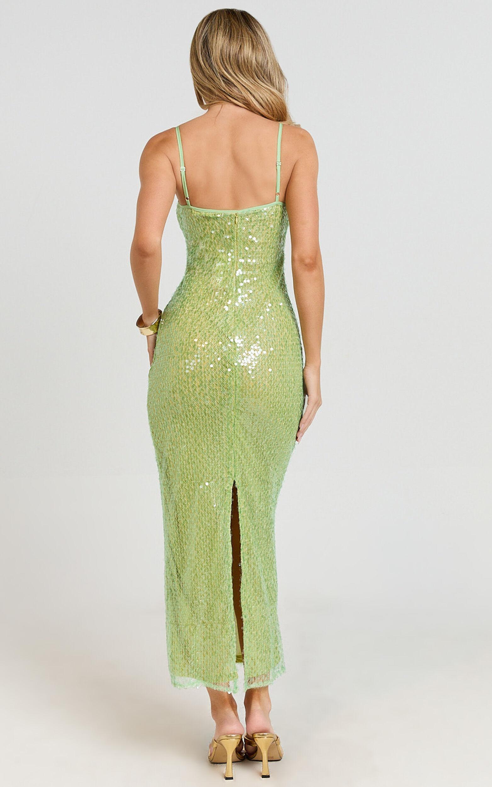 Sierra Midi Dress - Sequin Square Neck Bodycon Dress in Green Product Image