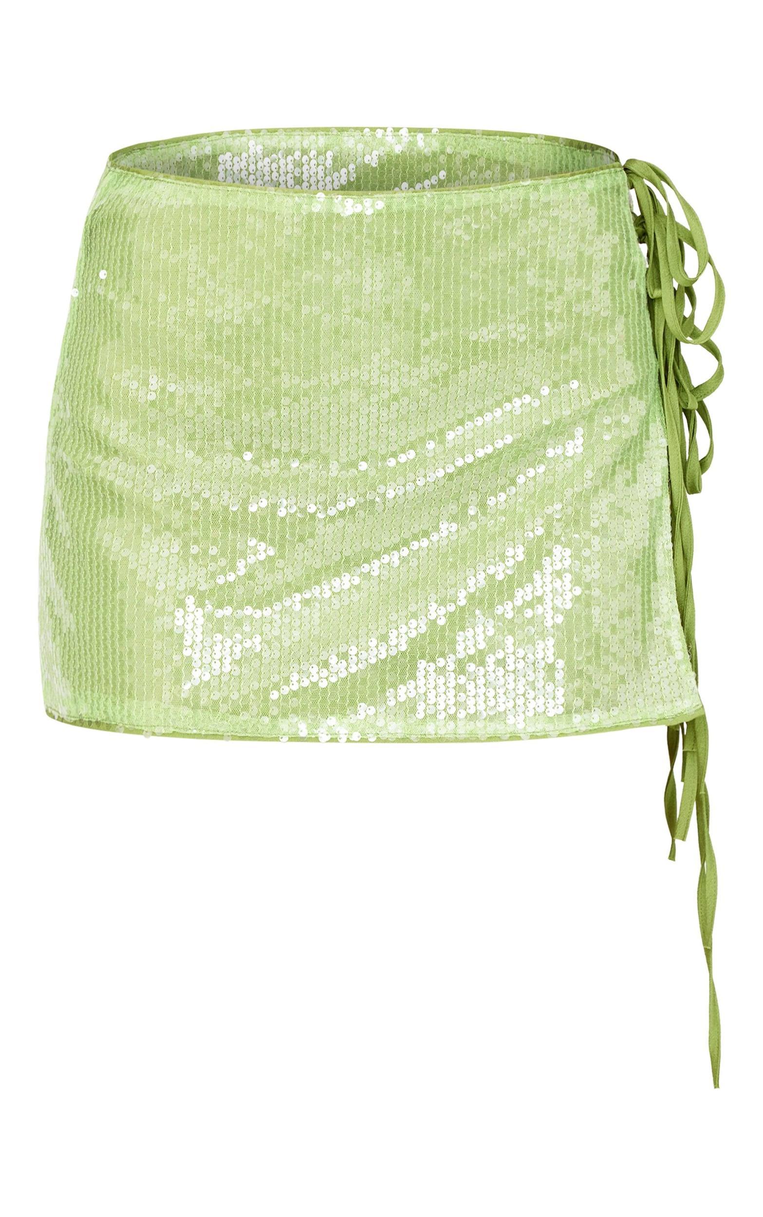 Bright Green Tie Side Detail Sequin Mini Skirt Product Image