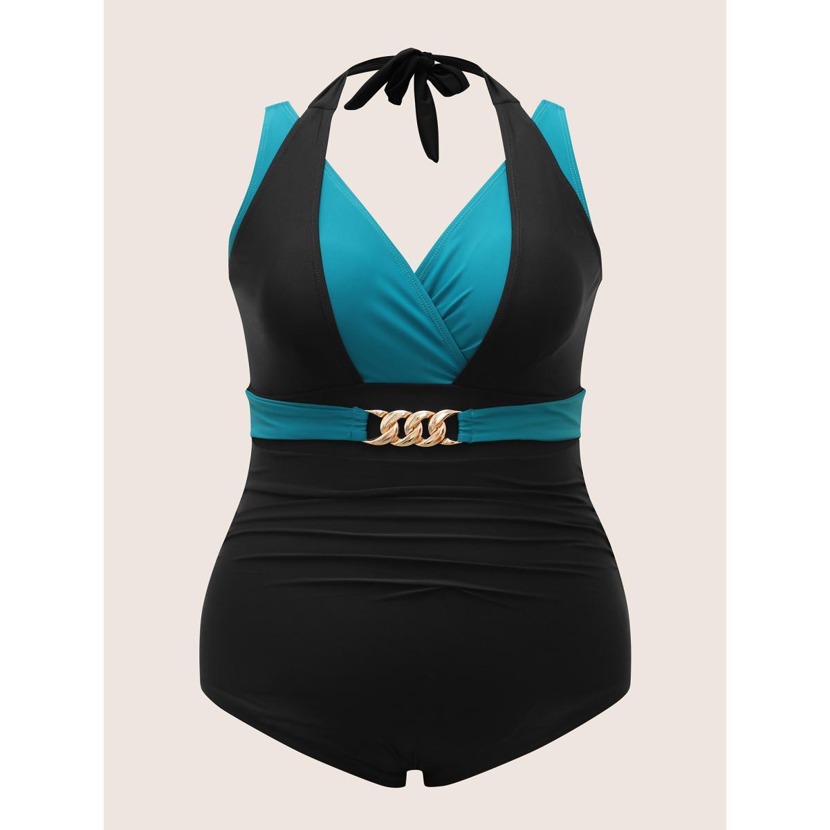 Plus Size Two Tone Metal Chain Detail One Piece Swimsuit Women's Swimwear Teal Beach Gathered Curve Bathing Suits High stretch One Pieces BloomChic 18-20/2X Product Image