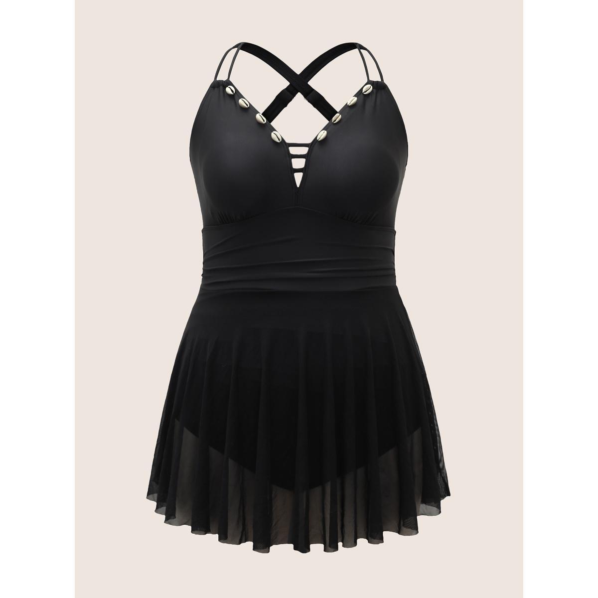 Plus Size Plain Shell Detail Cut Out Gathered Swim Dress Women's Swimwear Black Beach Bodycon V-neck No stretch Curve Swim Dresses BloomChic 12/L Product Image