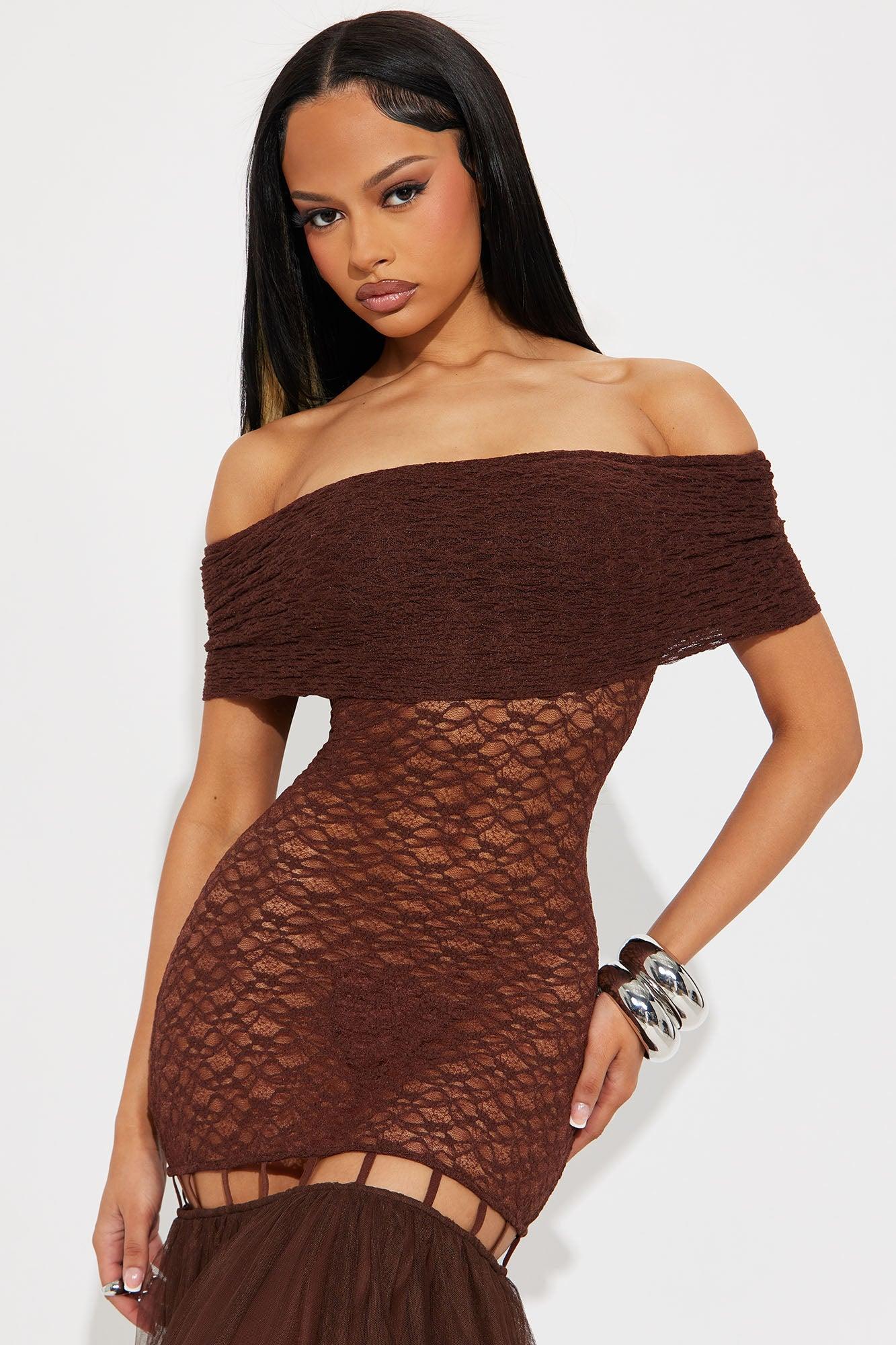 Under The Desert Sun Crochet Maxi Dress - Chocolate Product Image