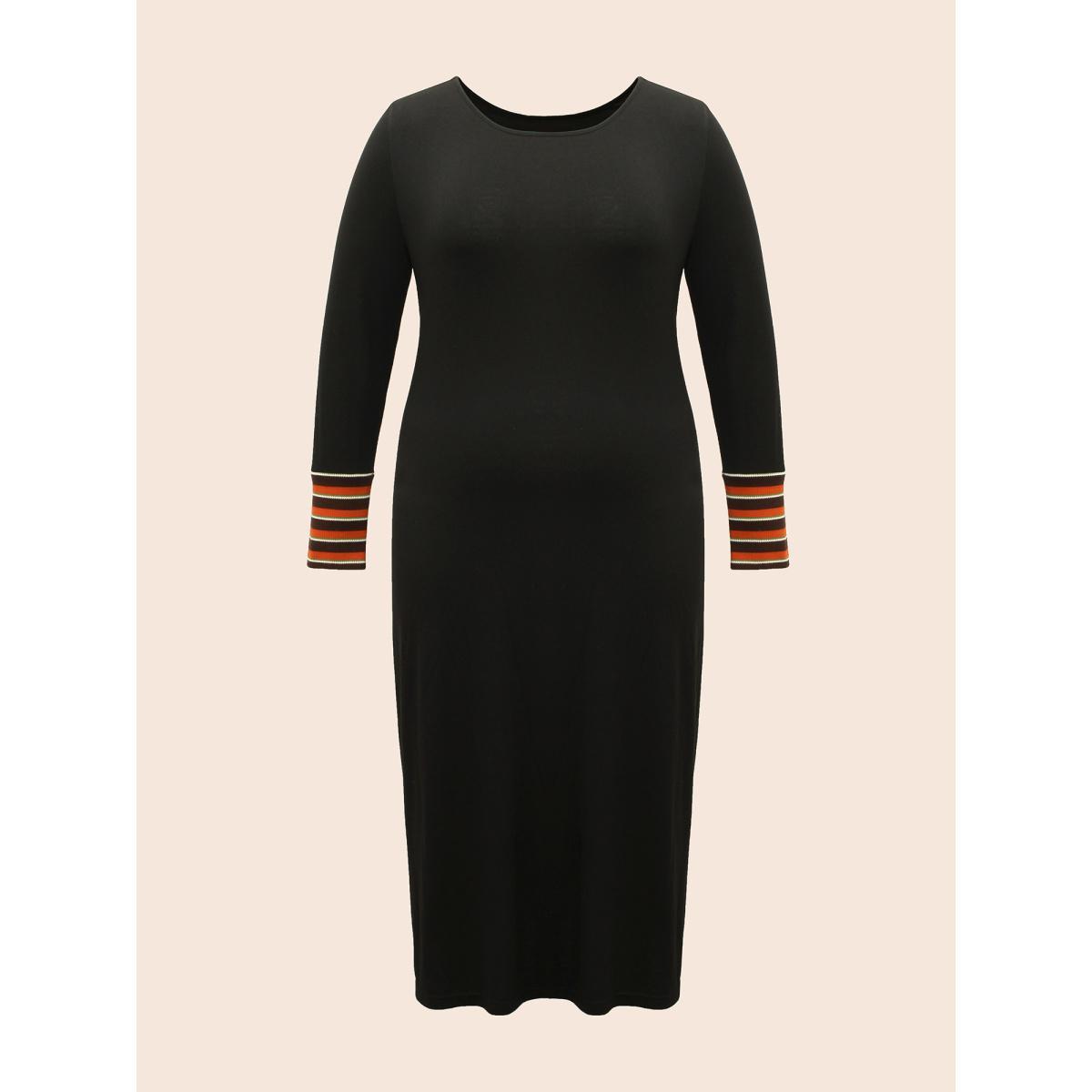 Plus Size Crew Neck Striped Patchwork Dress Black Women Casual Texture Round Neck Long Sleeve Curvy BloomChic 26/4X Product Image