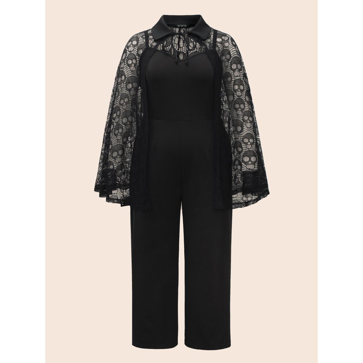 Plus Size Black Stretch Fabric Ghostly Cape With Jumpsuit Women Cocktail Sleeveless Shirt collar Party Loose Jumpsuits BloomChic 12/L Product Image
