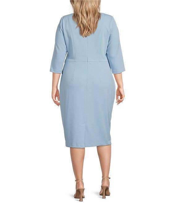 Adrianna Papell Plus Size Crepe Knit Tie Waist 3/4 Sleeve Round Neck Sheath Dress Product Image