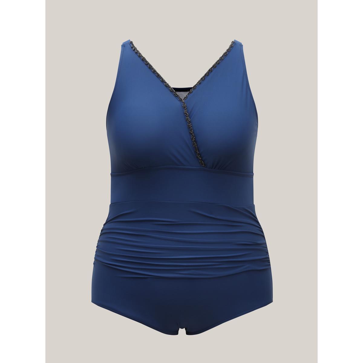 Plus Size 2-in-1 Embroidered Surplice Swim Dress Women's Swimwear Indigo Beach Bodycon Overlap Collar High stretch Curve Swim Dresses BloomChic 18-20/2X Product Image