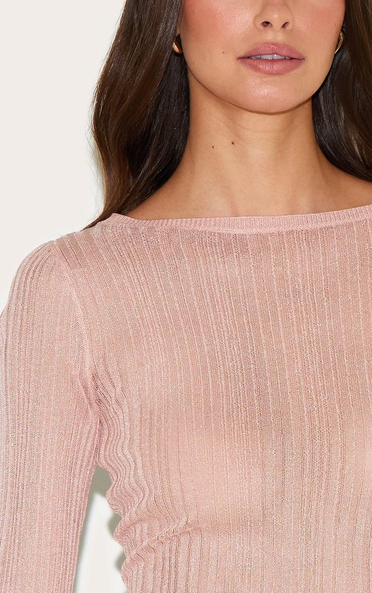 Pink Sheer Knit Long Sleeve Boat Neck Top Product Image