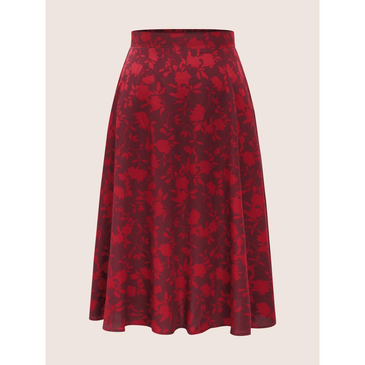 Plus Size Silhouette Floral Print Elastic Waist Pocket Cropped Skirt Women Burgundy Elegant Non No stretch Slanted pocket Everyday Skirts BloomChic 12/L Product Image