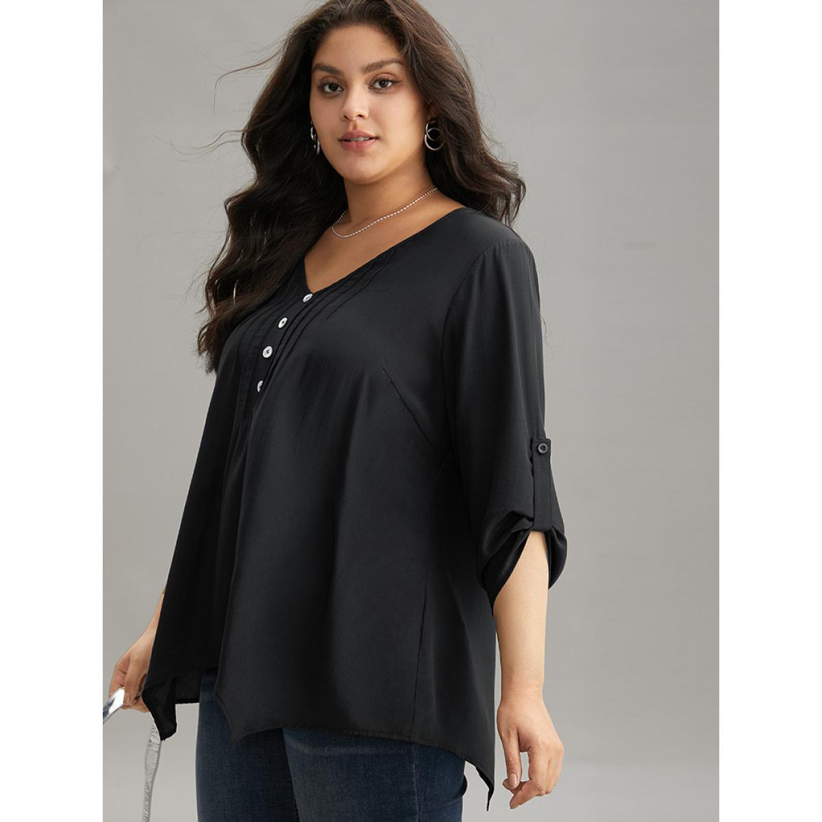 Plus Size Black Solid Button Detail Pleated Hanky Hem Blouse Women Office Elbow-length sleeve V-neck Work Blouses BloomChic 30/6X Product Image