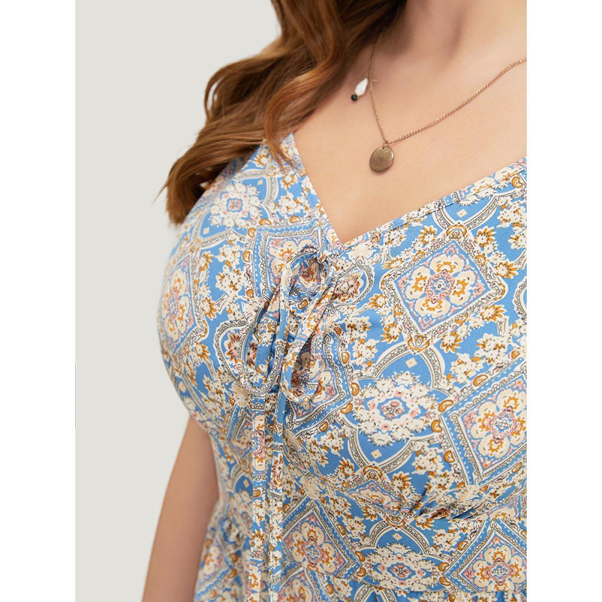 Plus Size Bandana Knotted Pocket Ruffle Hem Empire Waist Cami Dress Multicolor Women Vacation Adjustable Straps V-neck Sleeveless Curvy Midi Dress BloomChic 10/M Product Image