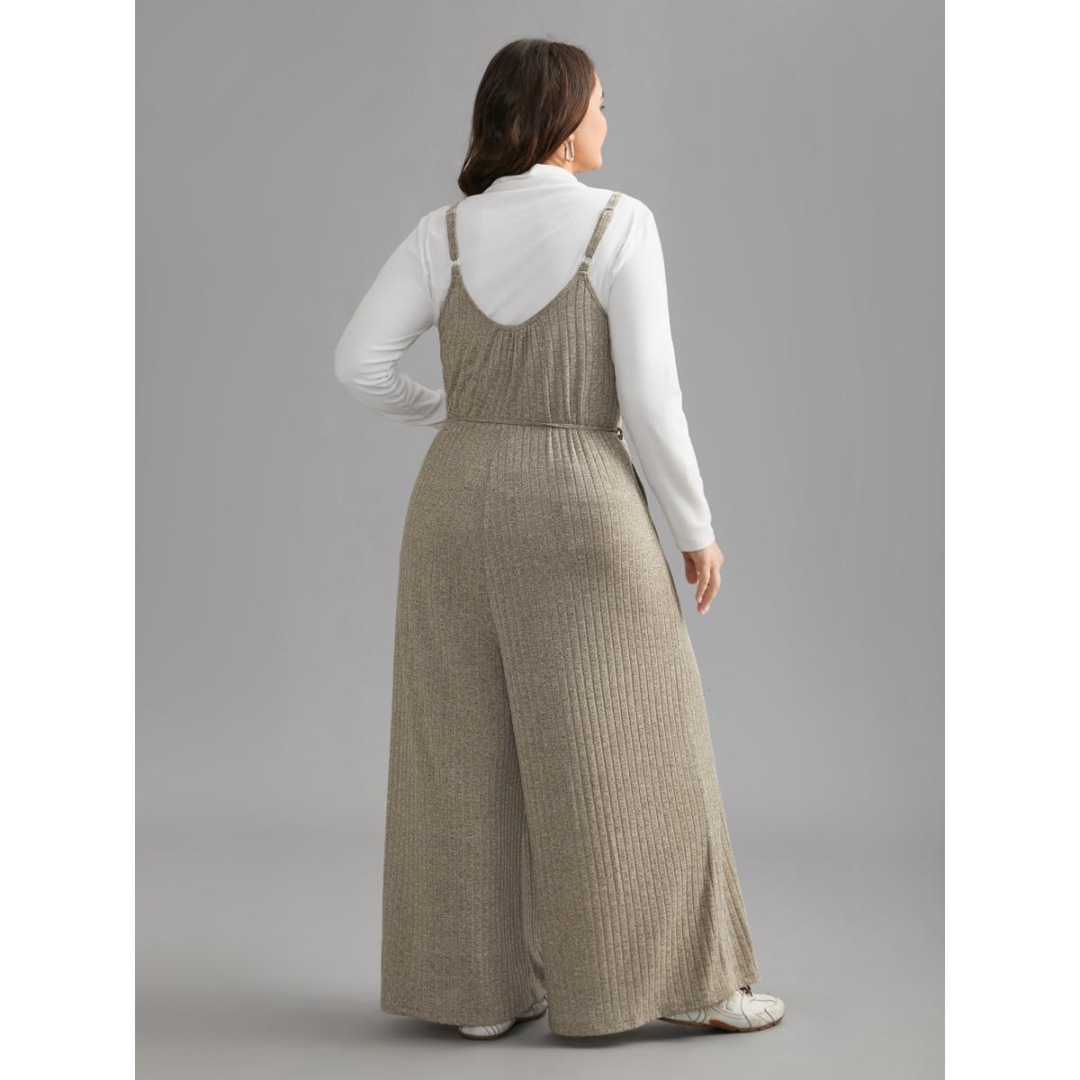Plus Size Champagne Textured Waist-Tie Pockets Jumpsuit Women Lounge Sleeveless U-neck Everyday Loose Jumpsuits BloomChic 14-16/1X Product Image