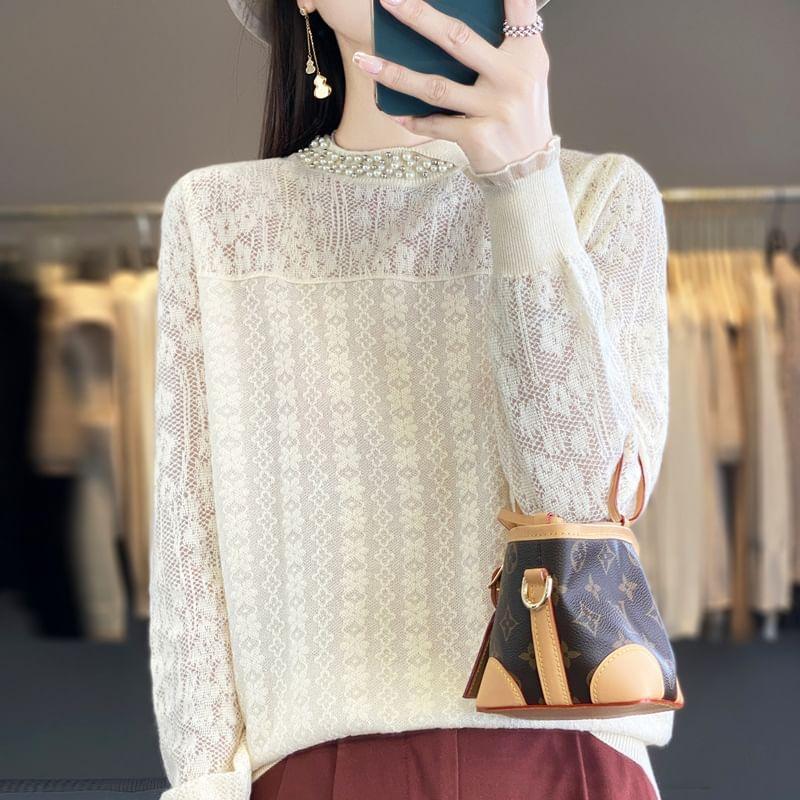 Long Sleeve Mock Neck Plain Beaded Knit Top Product Image