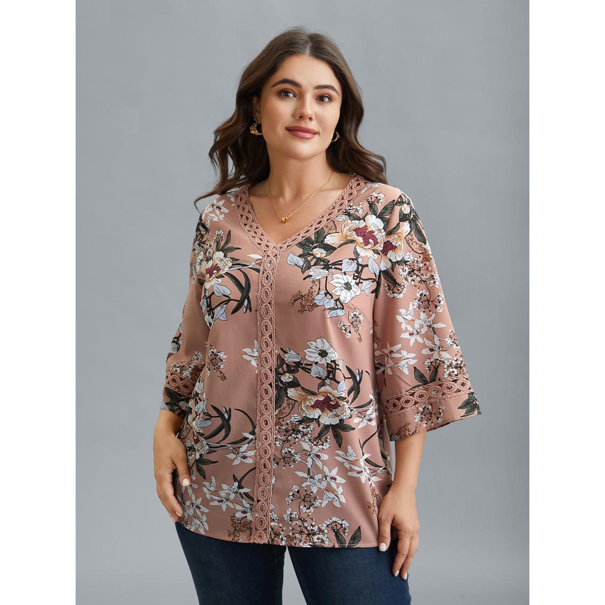 Plus Size Dirtypink Blooming Flower Print Webbing Spliced Blouse Women Elegant Elbow-length sleeve V-neck Everyday Blouses BloomChic 26/4X Product Image