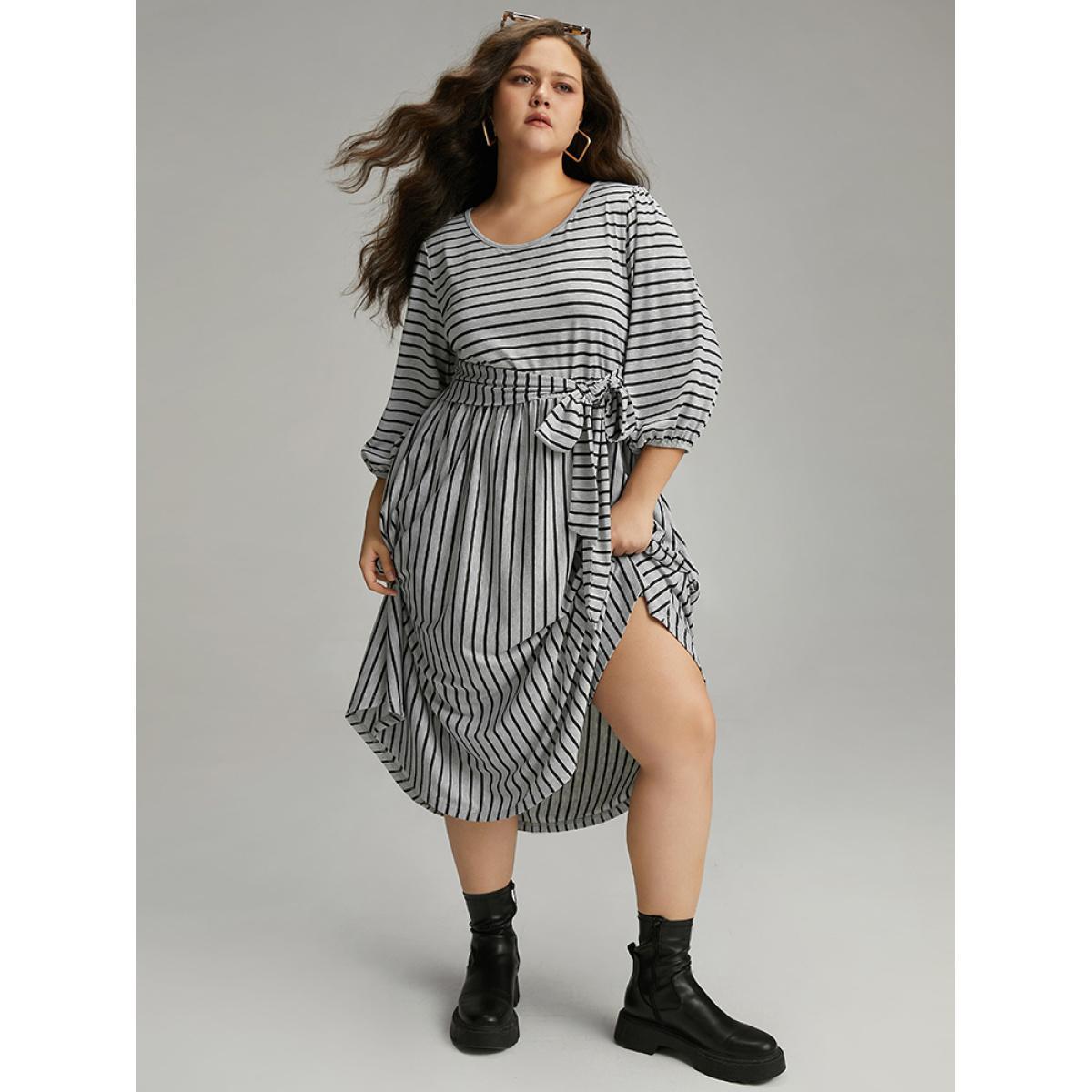 Plus Size Striped Ties Lantern Sleeve Curved Hem Dress Gray Women Casual Elastic cuffs Round Neck Elbow-length sleeve Curvy Midi Dress BloomChic 30/6X Product Image