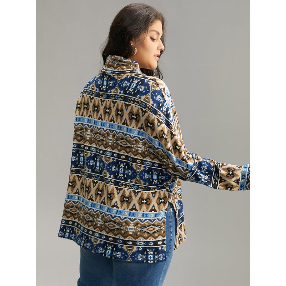Plus Size Bandana Print Turtleneck Split Hem T-shirt Indigo Women Casual Printed Bohemian Print Turtleneck Dailywear T-shirts BloomChic 12/L Product Image