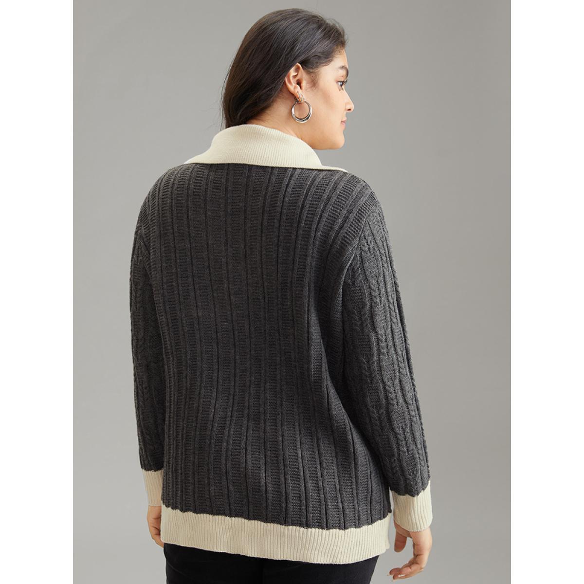 Plus Size 2-In-1 Cable Knit Lapel Collar Pullover DimGray Women Casual Loose Long Sleeve Lapel Collar Dailywear Pullovers BloomChic 30/6X Product Image