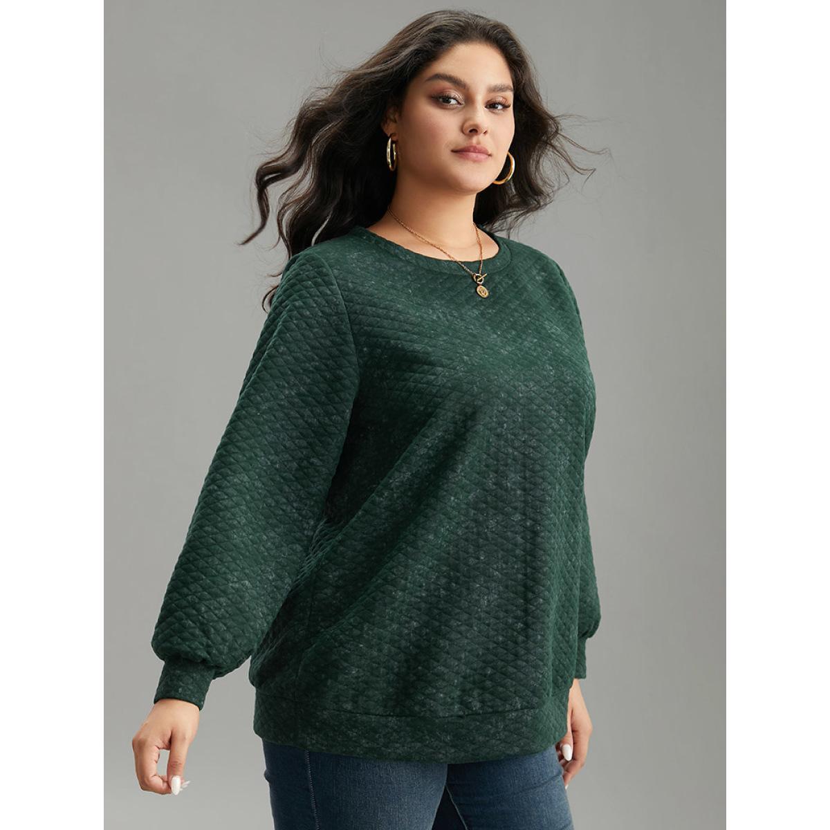 Plus Size Plain Textured Round Neck Sweatshirt Women Green Casual Texture Round Neck Dailywear Sweatshirts BloomChic 12/L Product Image