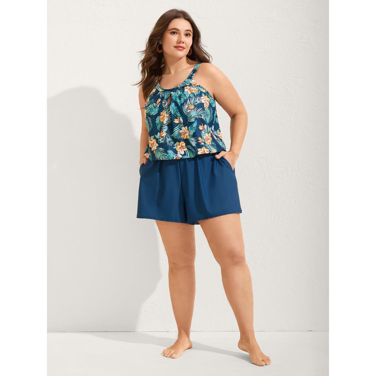 Plus Size Floral Print Keyhole Pockets Swim Romper Women's Swimwear DarkBlue Beach Curve Bathing Suits High stretch One Pieces BloomChic 22-24/3X Product Image